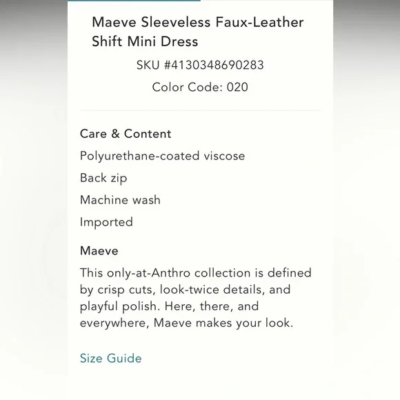Anthropologie NWT Maeve Sleeveless Faux-Leather Mini Shift Dress size S. - Picture 6 of 16